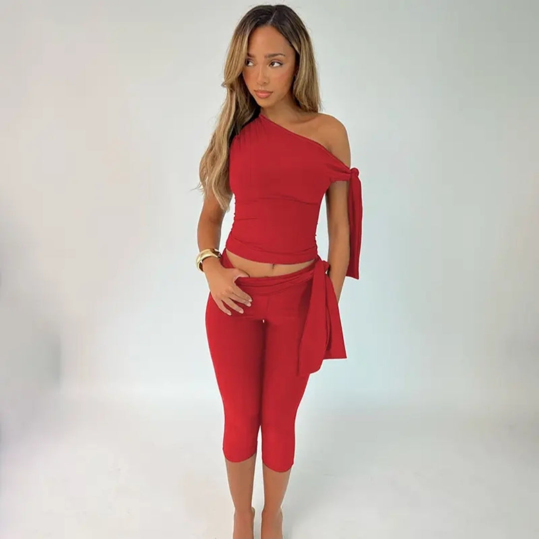 Short Sleeve One-Shoulder Capri Two Piece Sets